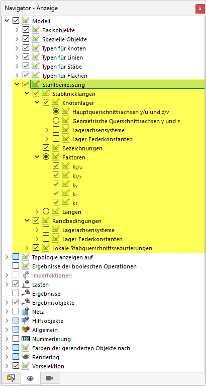 Anzeigemöglichkeiten für Bemessungseigenschaften von Stäben