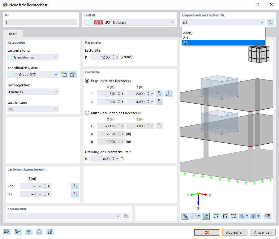 Dialog 'Neue freie Rechtecklast'