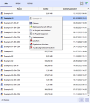 Modelle in Listenansicht mit Modell-Kontextmenü