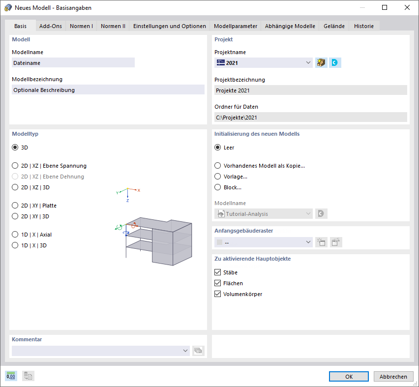 Dialog 'Neues Modell - Basisangaben', Register 'Basis'