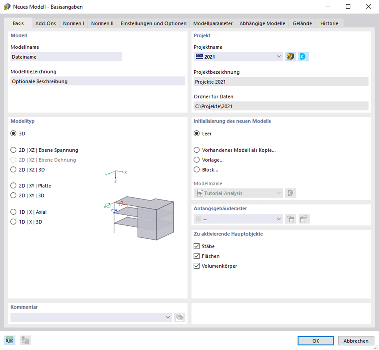Dialog 'Neues Modell - Basisangaben', Register 'Basis'