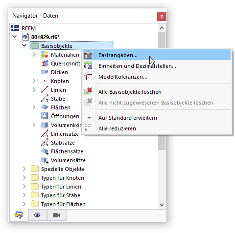 Basisangaben über Kontextmenü bearbeiten