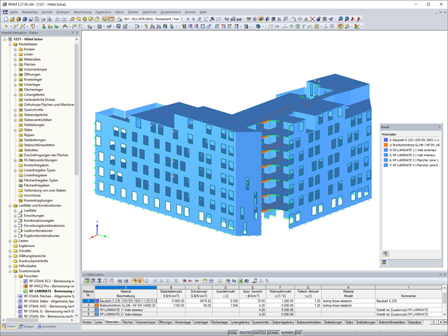 3D-Modell der Holzkonstruktion des Hotels in RFEM