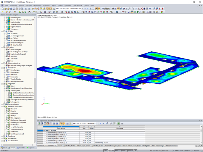 RFEM-Animation der globalen Verformung am Holzfußboden eines Hotelgeschosses