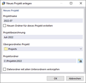 Dialog 'Neues Projekt anlegen'