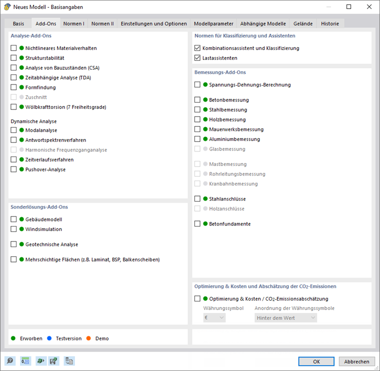 Dialog 'Neues Modell - Basisangaben', Register 'Add-Ons'