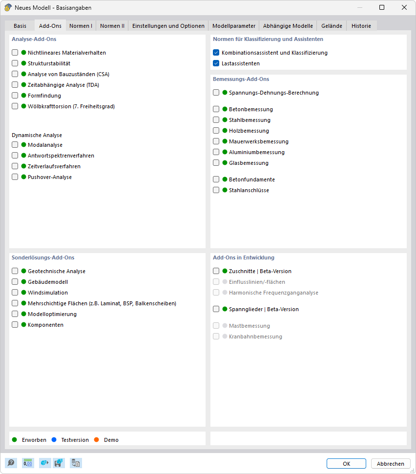 Dialog 'Neues Modell - Basisangaben', Register 'Add-Ons'