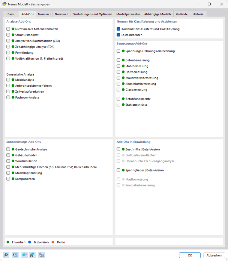 Dialog 'Neues Modell - Basisangaben', Register 'Add-Ons'