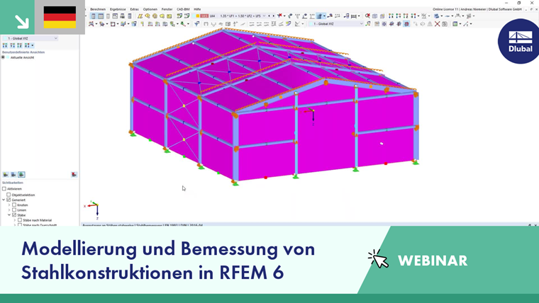 Stahlkonstruktionen werden in RFEM 6 und RSTAB 9 mithilfe eines Webinars modelliert und bemessen.