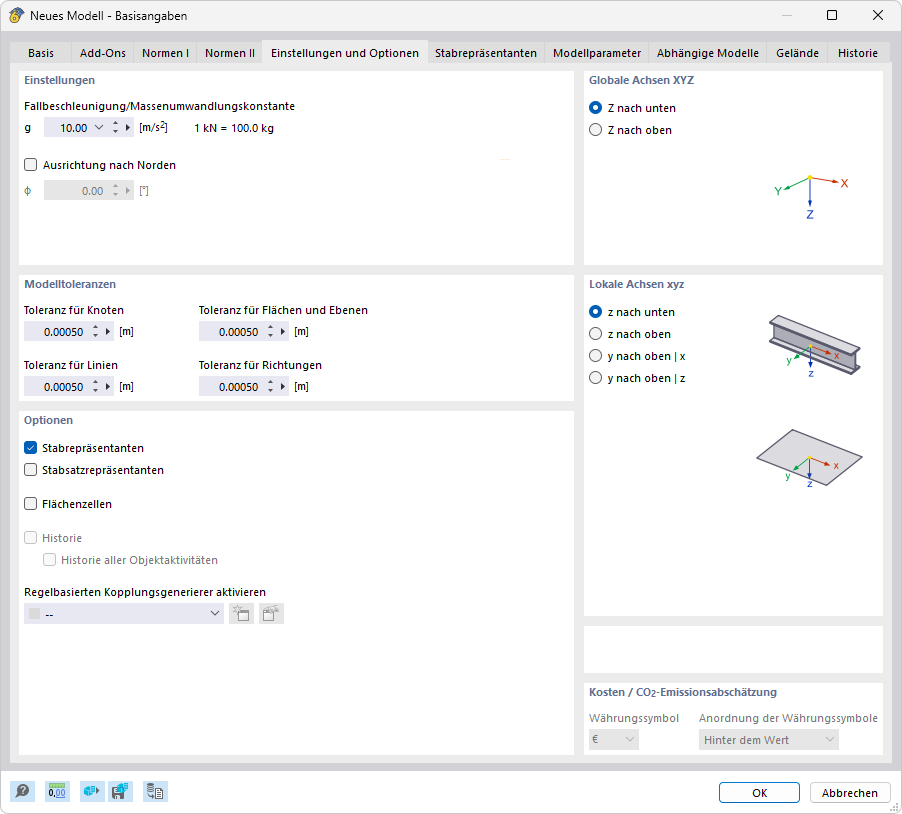Dialog 'Neues Modell - Basisangaben', Register 'Einstellungen und Optionen'