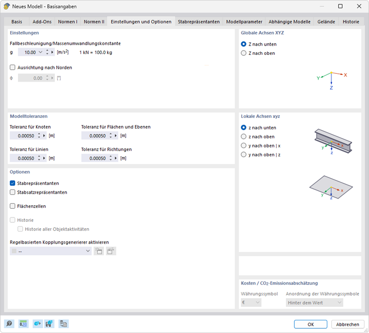 Dialog 'Neues Modell - Basisangaben', Register 'Einstellungen und Optionen'