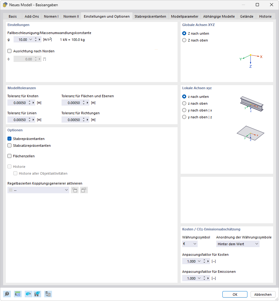 Dialog 'Neues Modell - Basisangaben', Register 'Einstellungen und Optionen'