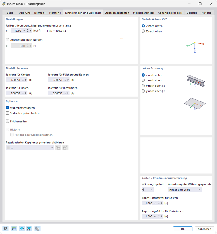 Dialog 'Neues Modell - Basisangaben', Register 'Einstellungen und Optionen'