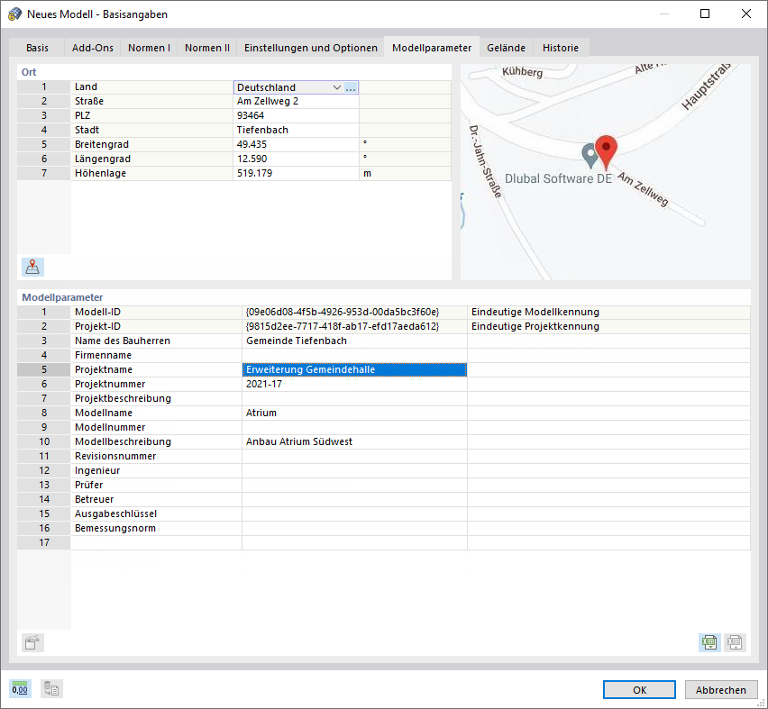 Dialog 'Neues Modell - Basisangaben', Register 'Modellparameter'