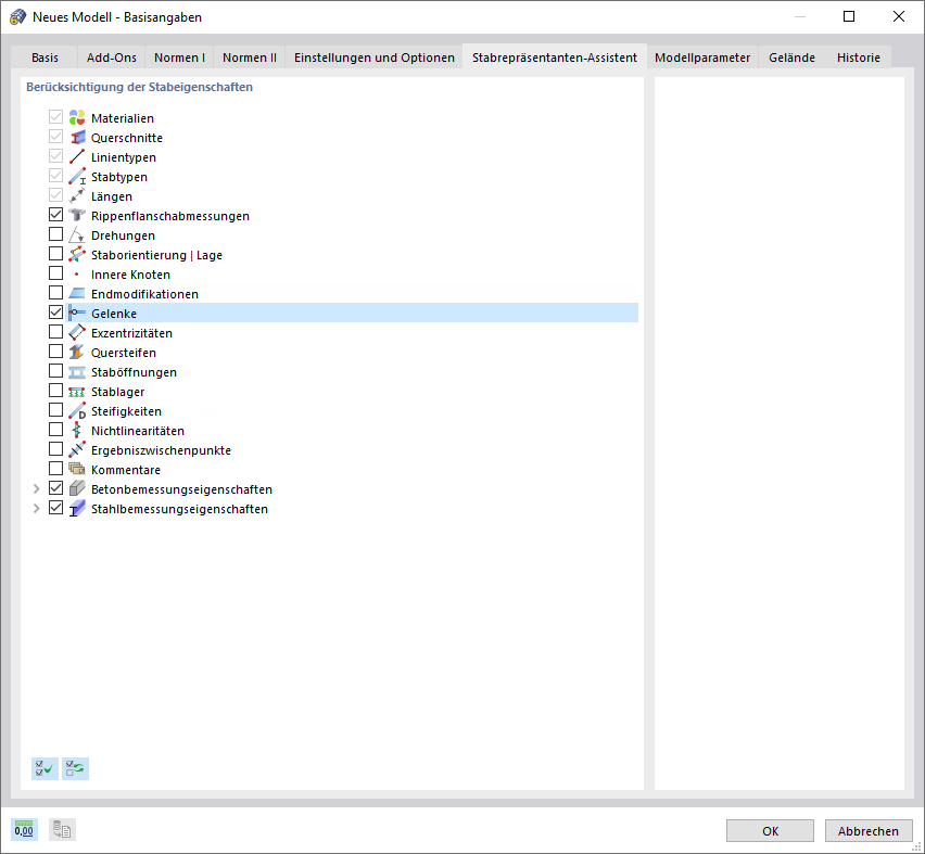 Dialog 'Neues Modell - Basisangaben', Register 'Stabrepräsentanten-Assistent'