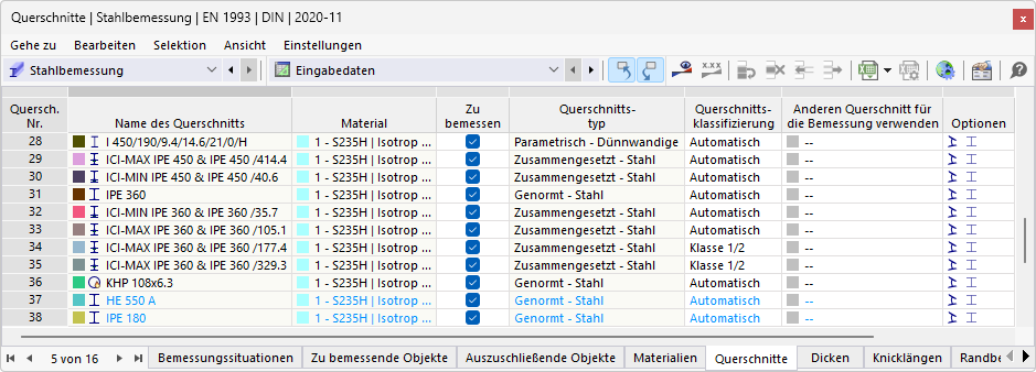 Tabelle 'Querschnitte' für Stahlbemessung