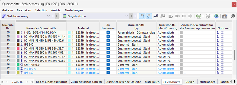 Tabelle 'Querschnitte' für Stahlbemessung