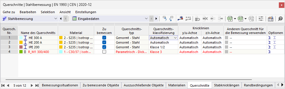 Tabelle 'Querschnitte' für Stahlbemessung