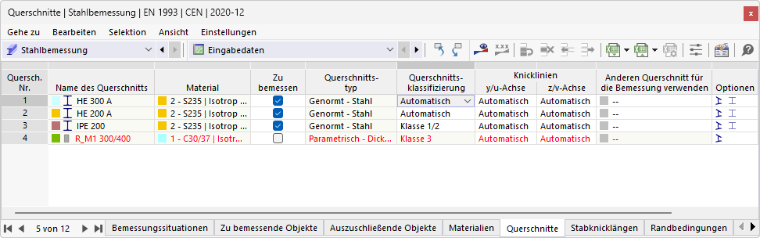 Tabelle 'Querschnitte' für Stahlbemessung