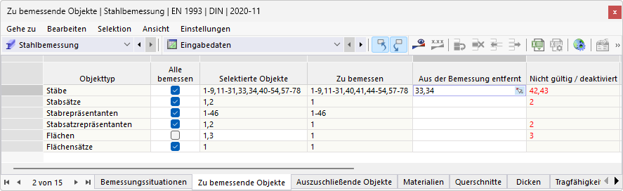Tabelle 'Zu bemessende Objekte' für Stahlbemessung