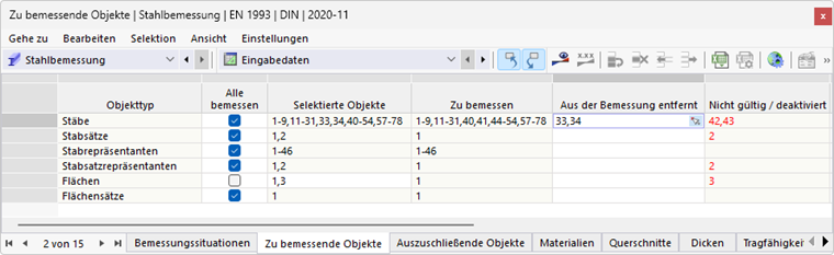 Tabelle 'Zu bemessende Objekte' für Stahlbemessung