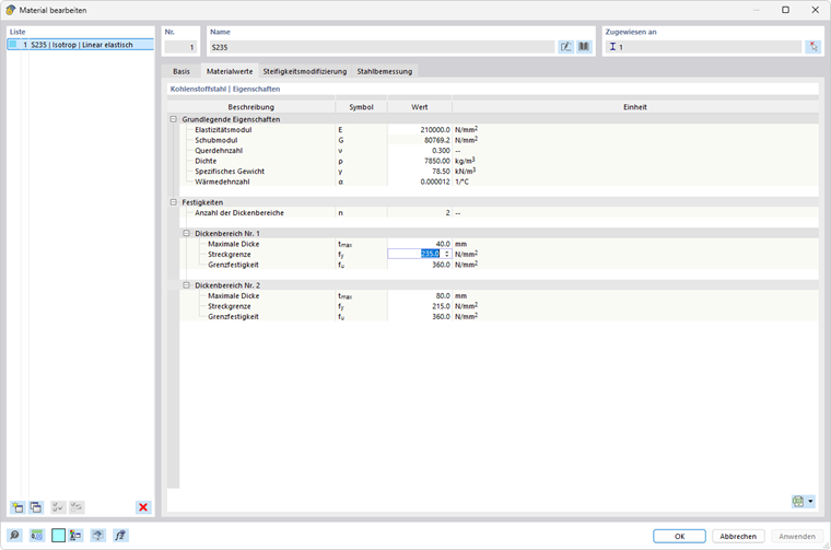 Materialkennwerte für Stahlbemessung anpassen