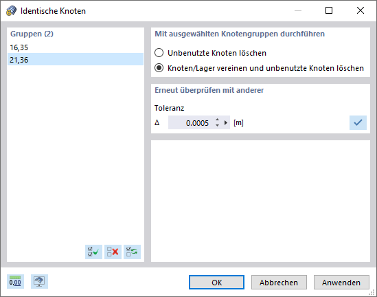Ergebnis der Modellkontrolle auf identische Knoten