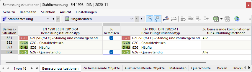 Bemessungssituationen für Stahlbemessung