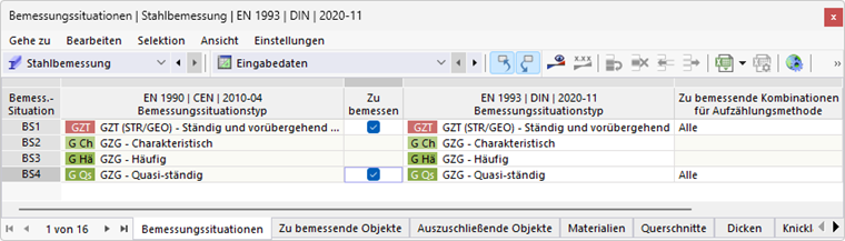 Bemessungssituationen für Stahlbemessung