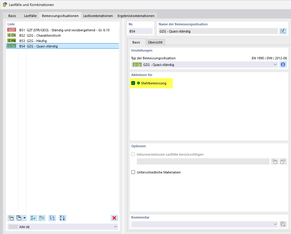 Bemessungssituation für Stahlbemessung aktivieren