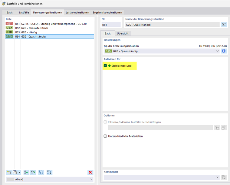 Bemessungssituation für Stahlbemessung aktivieren