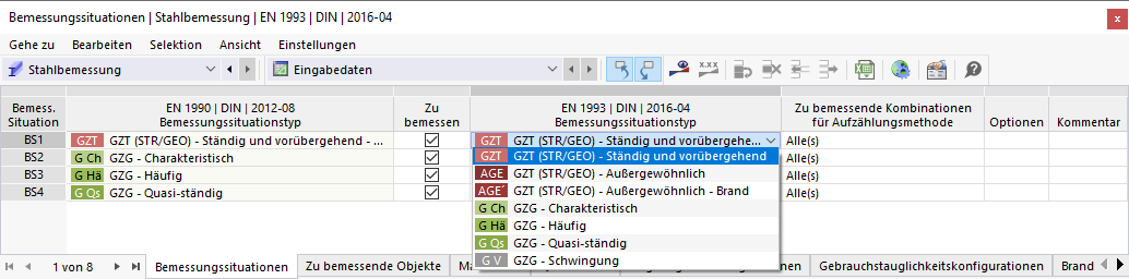 Zuordnung des Bemessungssituationstyps für die Stahlbemessung nach EN 1993