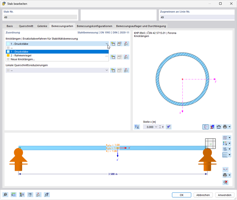 Knicklängentyp einem Stab im Dialog zuweisen