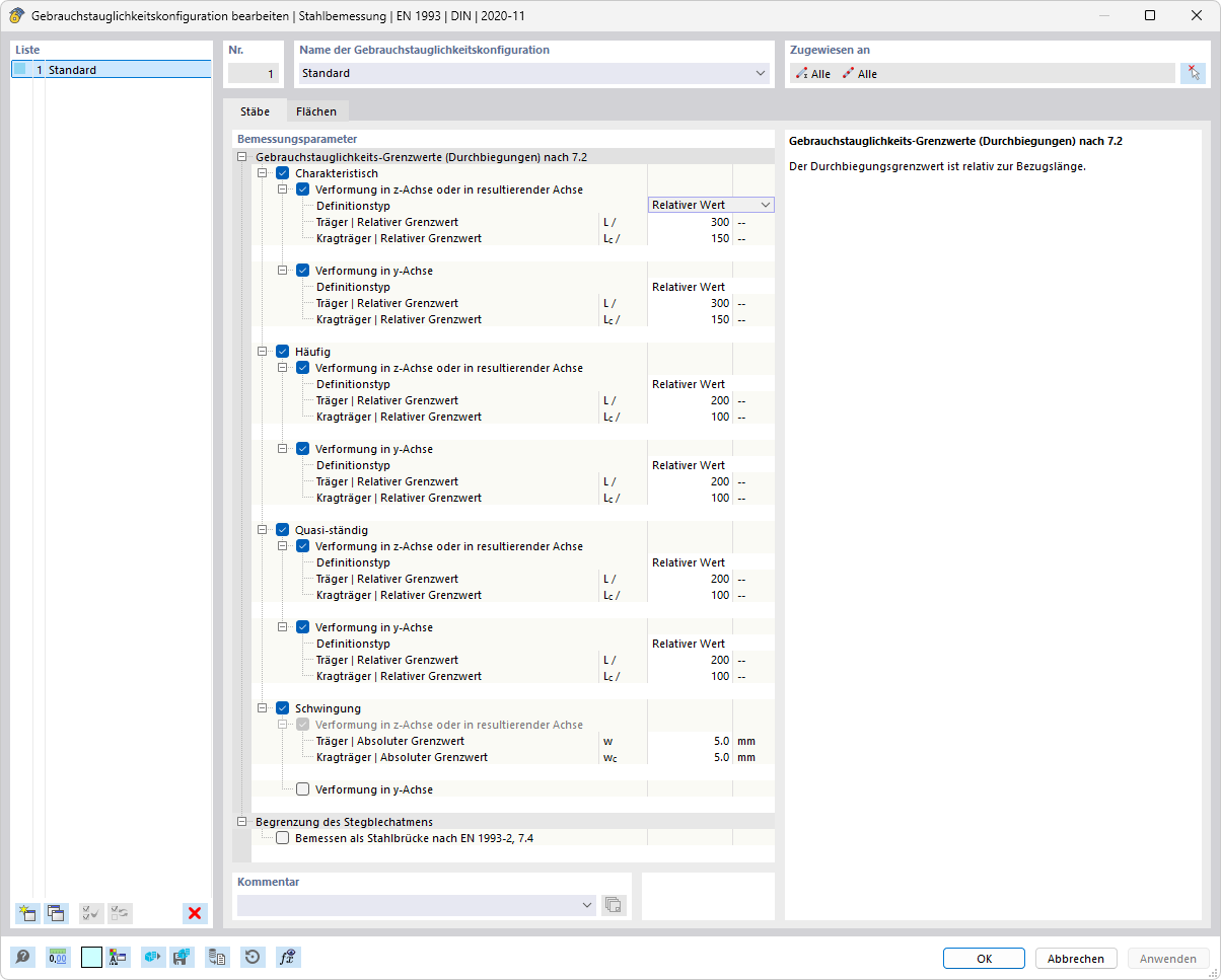 Dialog 'Gebrauchstauglichkeitskonfiguration bearbeiten' für Stahlbemessung nach EN 1993