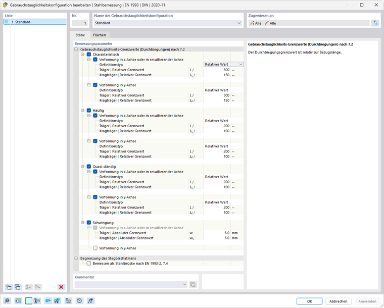 Dialog 'Gebrauchstauglichkeitskonfiguration bearbeiten' für Stahlbemessung nach EN 1993