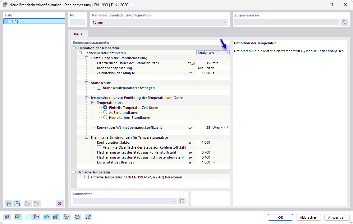 Dialog für die Brandschutzkonfiguration in der Stahlbemessung zur Festlegung kritischer Stahltemperaturen