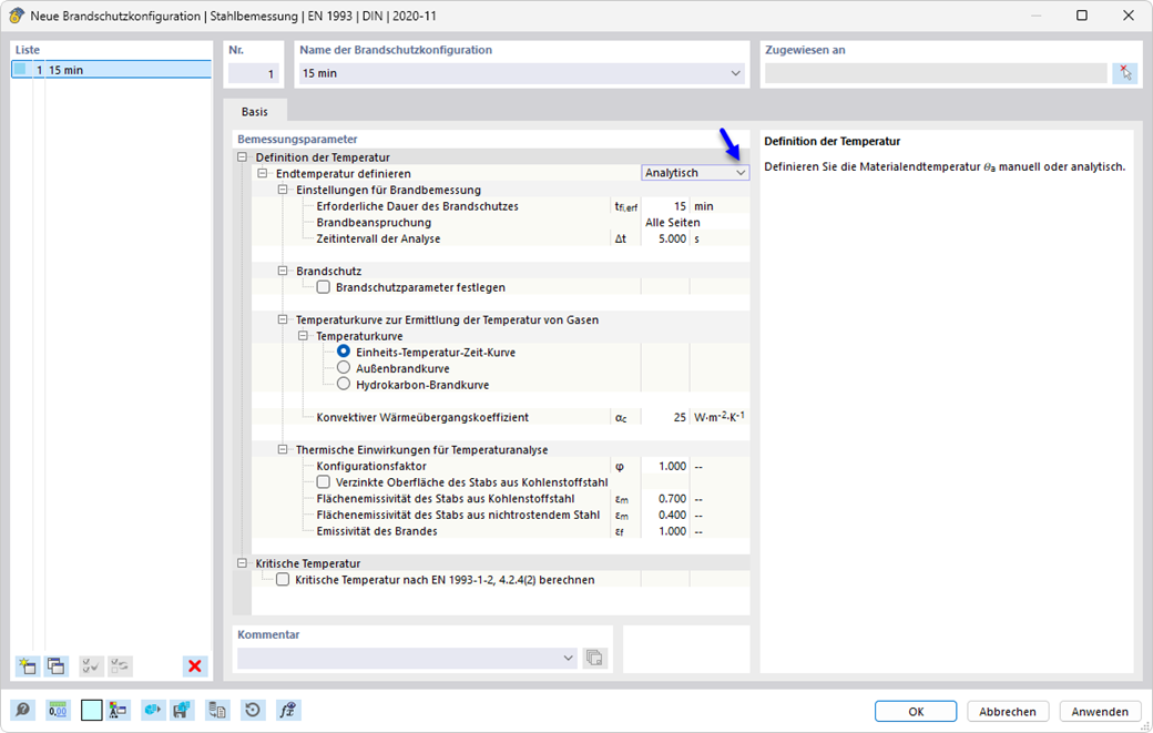 Dialog für die Brandschutzkonfiguration in der Stahlbemessung zur Festlegung kritischer Stahltemperaturen