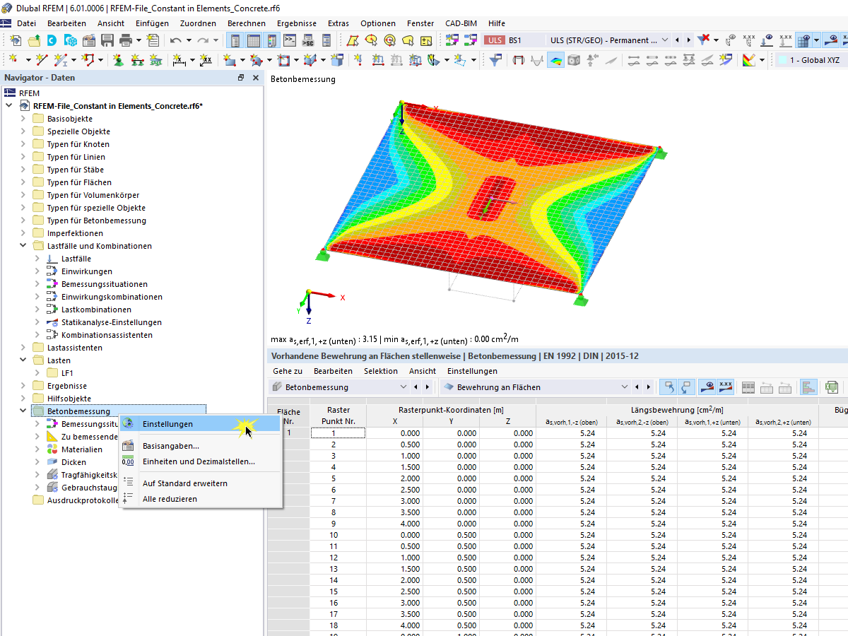 FAQ 005125 | Kann ich die erforderliche Bewehrung in den Ergebnistabellen auf von "Netzpunkte" auf "Rasterpunkte" umschalten?