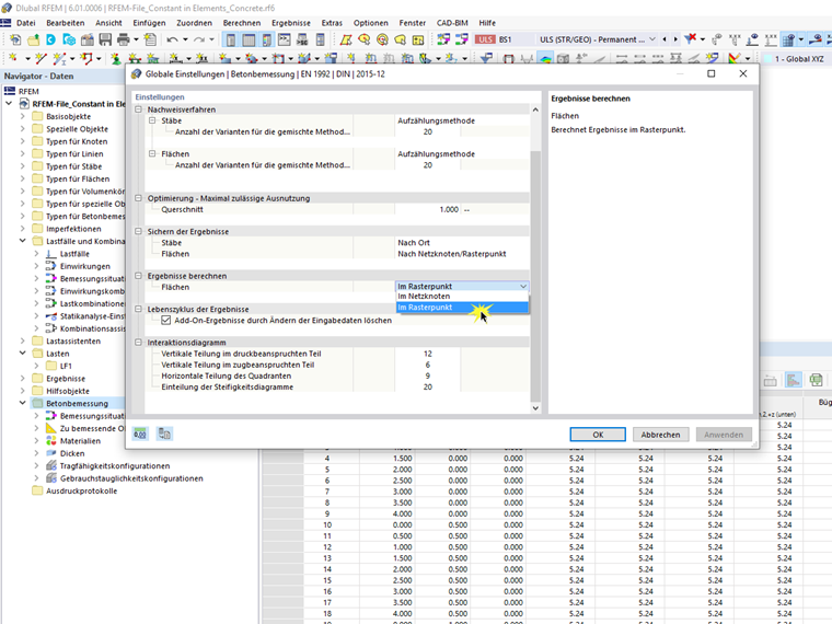 FAQ 005125 | Kann ich die erforderliche Bewehrung in den Ergebnistabellen auf von "Netzpunkte" auf "Rasterpunkte" umschalten?