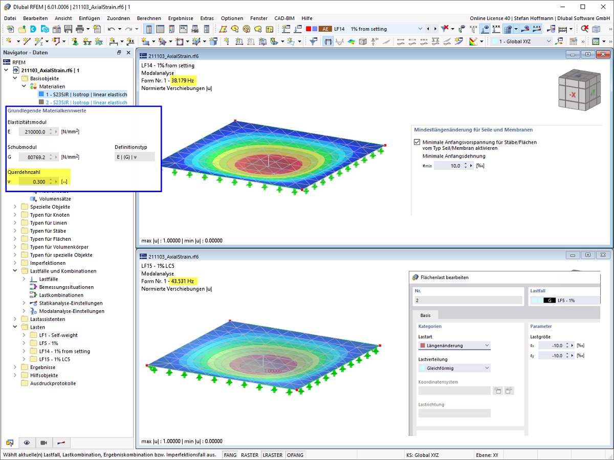 FAQ 005126 | Warum unterscheiden sich die Ergebnisse in der Modalanalyse zwischen Anfangsvorspannung und einer Flächenlast?