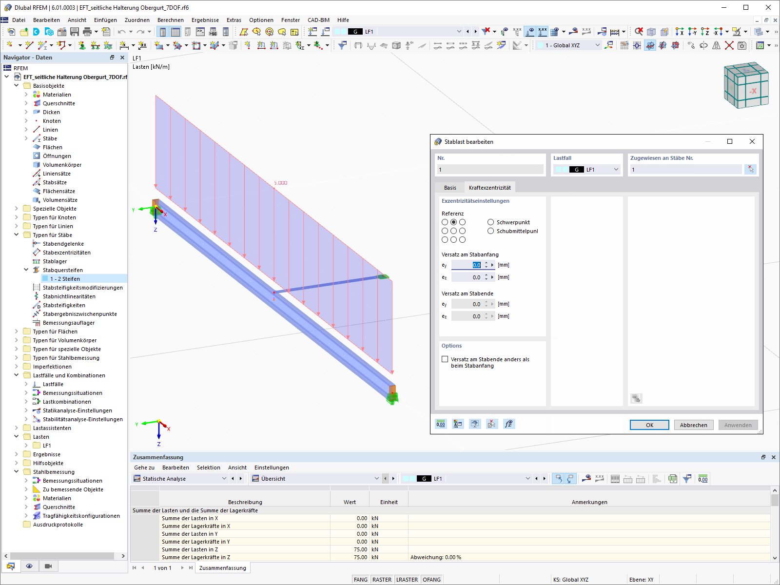 Stablast am Obergurt des Trägers