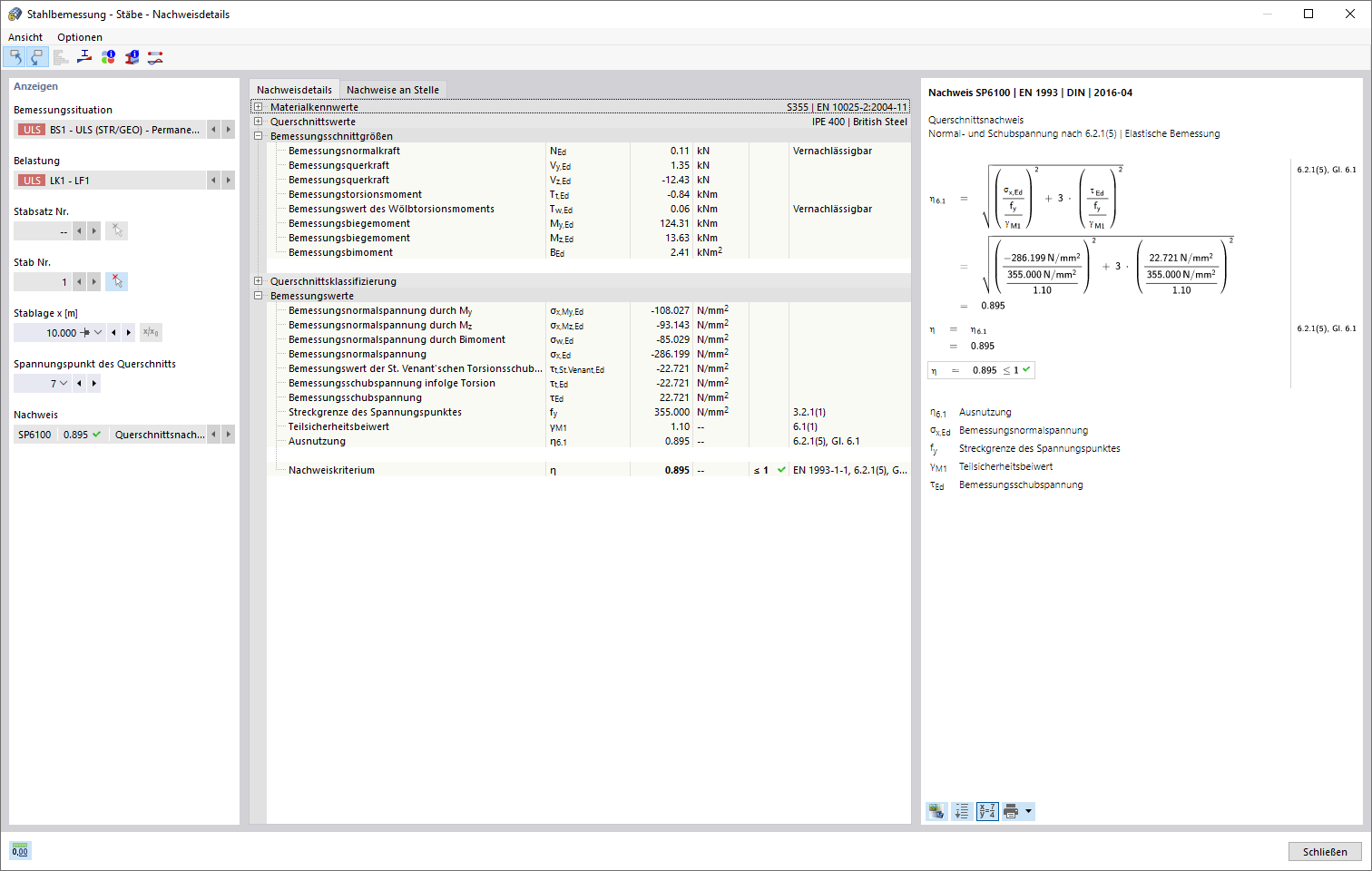 Vergleichsspannungsnachweis mit Schnittgrößen aus Wölbkrafttorsion