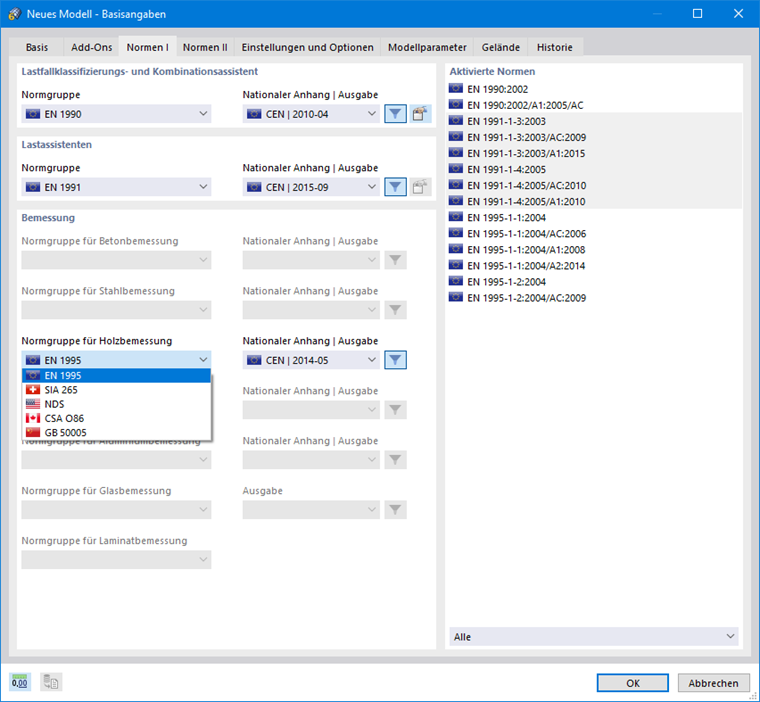 Norm für Holzbemessung auswählen