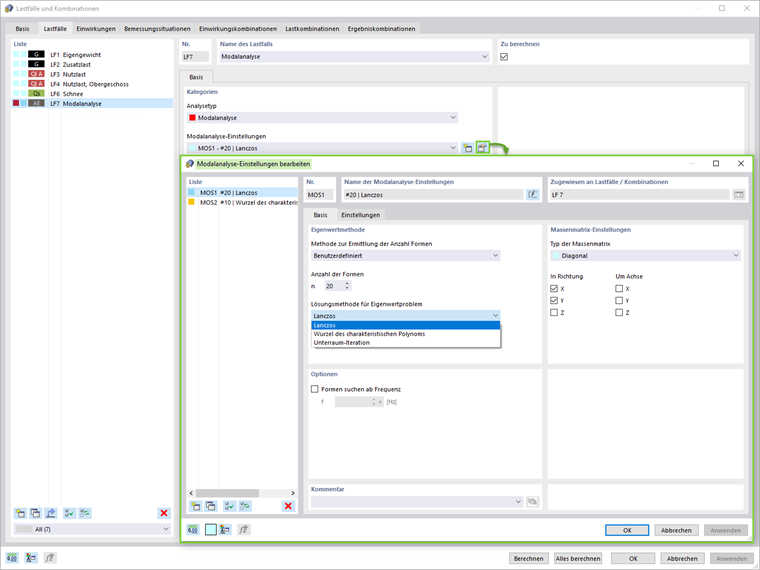 Modalanalyse-Einstellungen