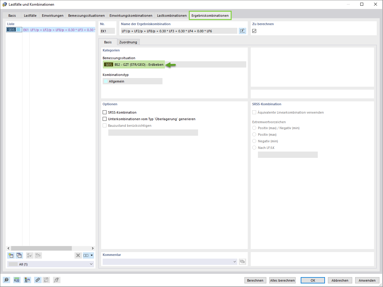 Ergebniskombinationen für Bemessung
