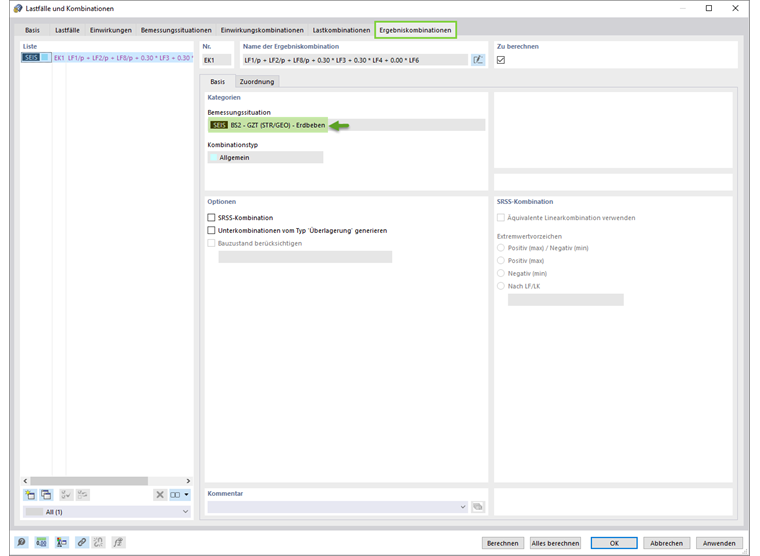 Ergebniskombinationen für Bemessung