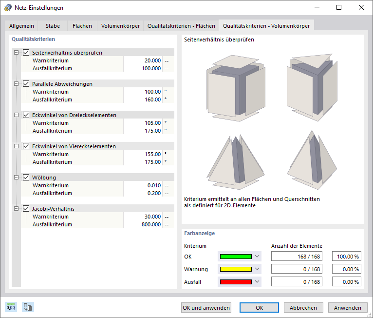 Dialog 'Netz-Einstellungen', Register 'Qualitätskriterien - Volumenkörper'
