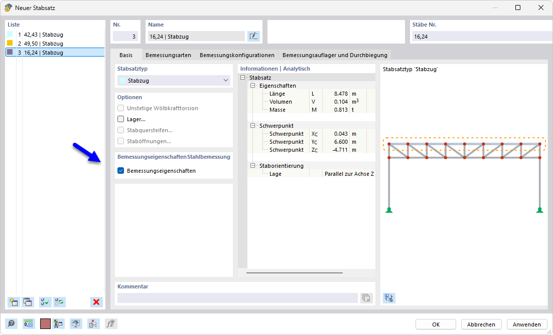 Dialog 'Stabsatz bearbeiten', Bemessungseigenschaften für Stahlbemessung aktiviert