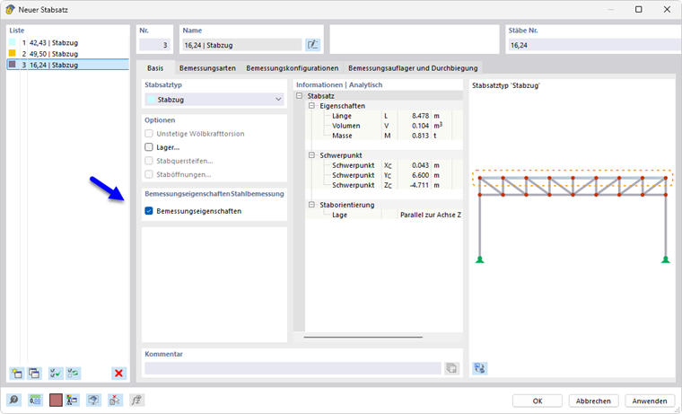 Dialog 'Stabsatz bearbeiten', Bemessungseigenschaften für Stahlbemessung aktiviert