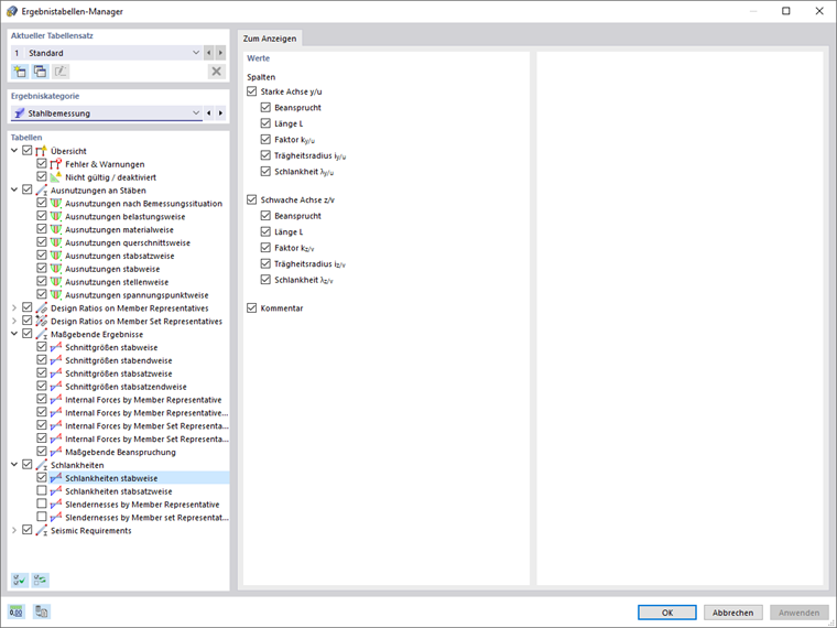 Ergebnistabellen-Manager für die Stahlbemessung, Schlankheiten